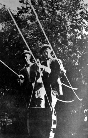 Frank Matthews(left) and George Meadows Suttenfield on the swinging bridge.